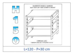 IN-G36912030B Shelf with 3 smooth shelves hook fixing dim cm 120x30x150h 