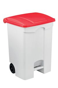 T115077 Conteneur à pédale mobile en plastique blanc avec couvercle rouge 70 litres (pack de 3 pièces)